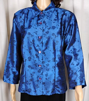VTG Design Assets 80s Satin Jacquard Floral Blouse Shoulder Pads Large Boho Luxe